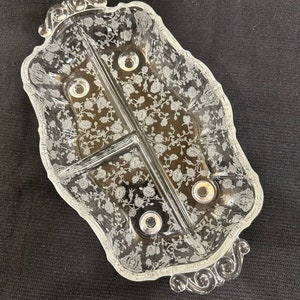 Vintage Cambridge Glass Rose Point  3 Section Divided Footed Dish with Handles