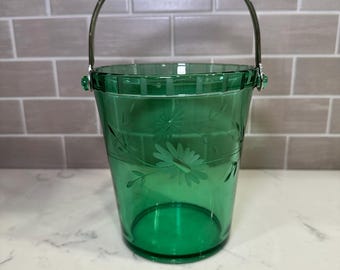 Green Depression Glass/Uranium Glass Floral Etched Ice Bucket