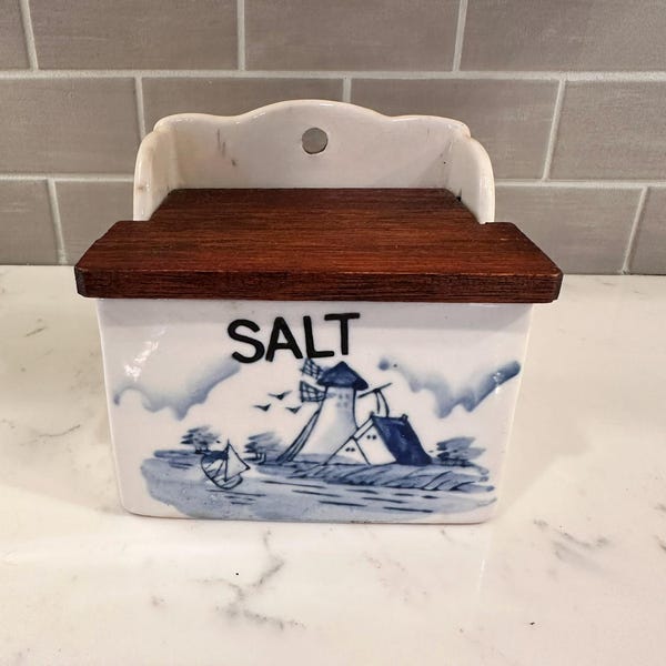 Salero de cerámica estilo Delft vintage azul y blanco con tapa de madera