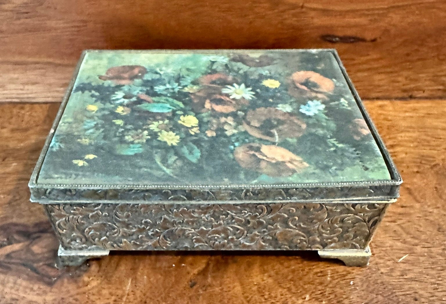 Schmid Brothers Brass and Floral Fabric Music Box (Music Box Not Working)