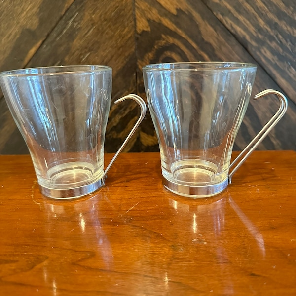 Set of Two Vintage 1960's Vitrosax Italy Cappuccino Glass Mugs with Removable Metal Handle