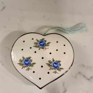 Vintage Heart Shaped Ceramic Pomander/Potpourri Holder with Blue Rose Pattern