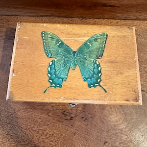 Vintage Handmade Wooden Box with Painted Butterfly