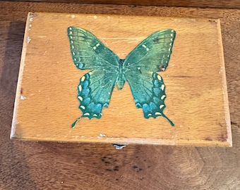 Vintage Handmade Wooden Box with Painted Butterfly