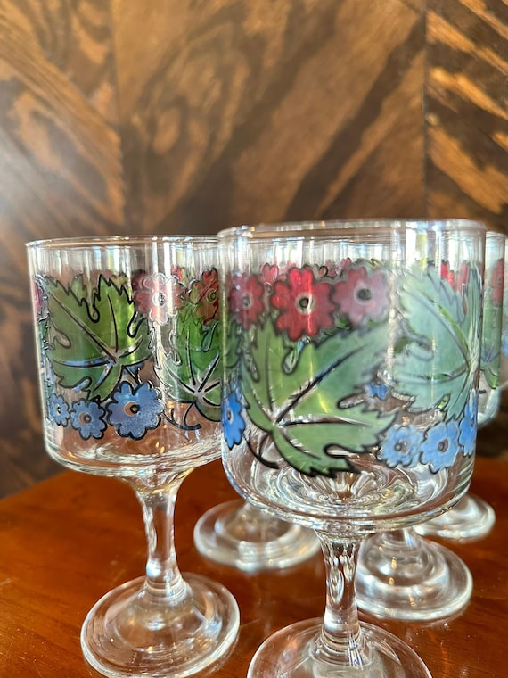 Vintage Set of Six Libbey Tiffany Foliage Wine Glasses
