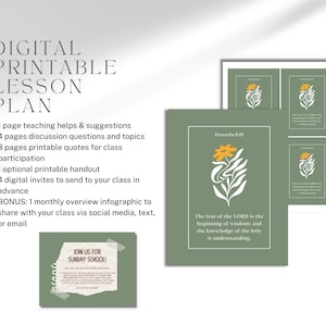 May include: A digital printable lesson plan set featuring sage green documents with white borders and floral illustrations. The text includes Proverbs 9:10, The fear of the LORD is the beginning of wisdom, and a Sunday School invitation with tape graphics.