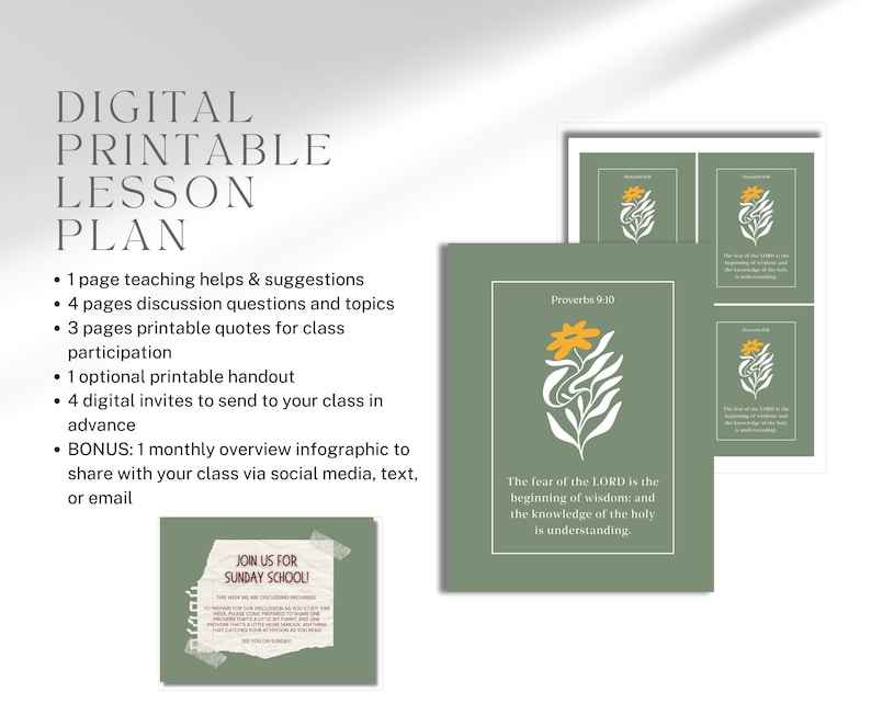 May include: A digital printable lesson plan set featuring sage green documents with white borders and floral illustrations. The text includes Proverbs 9:10, The fear of the LORD is the beginning of wisdom, and a Sunday School invitation with tape graphics.
