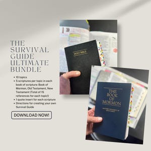 Puede incluir: El Survival Guide Ultimate Bundle incluye 10 temas, 5 escrituras por tema en cada libro de las Escrituras y 1 cita para cada escritura. La imagen muestra una Santa Biblia negra y un Libro de Mormón azul con marcadores de página coloridos.