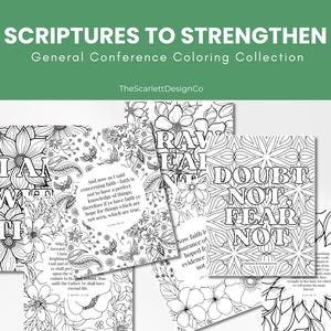 May include: Four black and white printable coloring pages with inspirational quotes and floral designs. The quotes are "I Will Trust", "Doubt Not, Fear Not", "Raw Faith", and "And now as I said concerning faith - faith is not to have a perfect knowledge of things; therefore if ye have faith ye hope for things which are not seen, which are true."