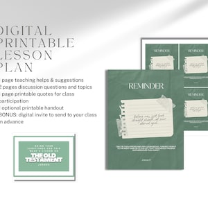 May include: Digital printable lesson plan with a green and white design. The image includes a lesson plan with the word "Reminder" and a quote. Additional text includes teaching suggestions, discussion questions, and printable quotes.