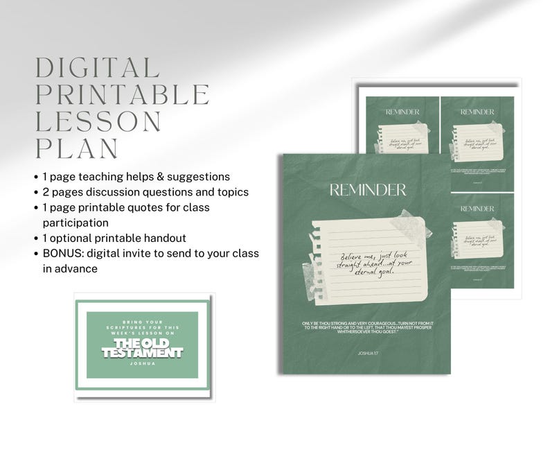 May include: Digital printable lesson plan with a green and white design. The image includes a lesson plan with the word "Reminder" and a quote. Additional text includes teaching suggestions, discussion questions, and printable quotes.