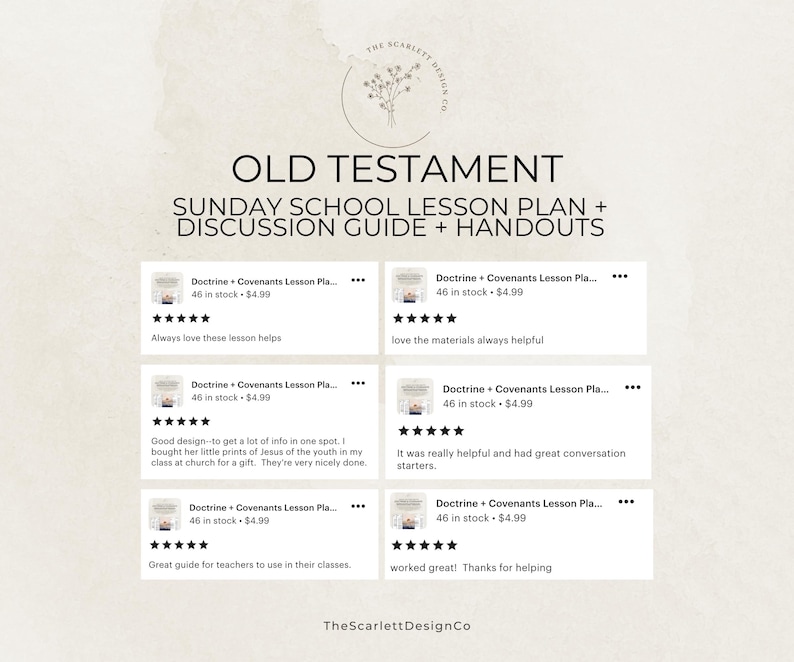 May include: A beige graphic with the text "OLD TESTAMENT SUNDAY SCHOOL LESSON PLAN + DISCUSSION GUIDE + HANDOUTS." The image includes product reviews and the seller's logo. The product is from TheScarlettDesignCo.
