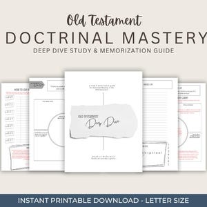 Peut inclure: Un guide d'étude imprimable intitulé "Old Testament Doctrinal Mastery: Deep Dive Study & Memorization Guide". La couverture présente les mots "Old Testament Deep Dive" sur un design de papier déchiré blanc. Le guide comprend des pages avec des listes et des invites d'étude.