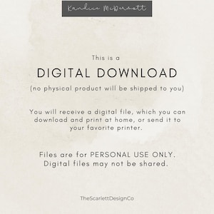May include: A digital download announcement with the text "DIGITAL DOWNLOAD" in large, bold letters. The text explains that no physical product will be shipped and that files are for personal use only. The design includes the name "Kandice McDermatt" at the top.