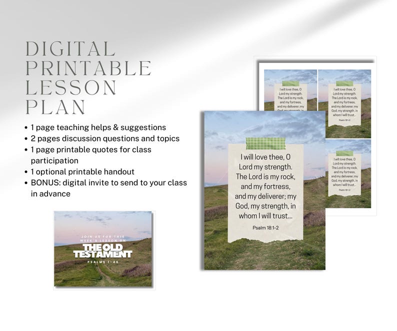 May include: A digital printable lesson plan featuring text that reads: DIGITAL PRINTABLE LESSON PLAN, 1 page teaching helps & suggestions, 2 pages discussion questions and topics, 1 page printable quotes, 1 optional handout, and a digital invite.