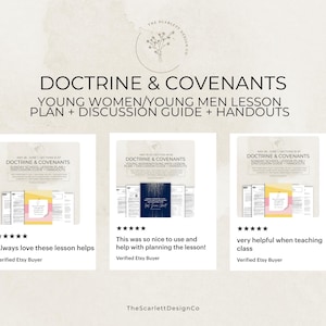 May include: Image of three lesson plan guides titled "Doctrine & Covenants" with the text "Young Women/Young Men Lesson Plan + Discussion Guide + Handouts." Each guide features a different design, with customer reviews and the seller's logo.