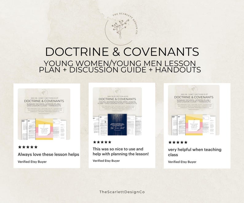 May include: Image of three lesson plan guides titled "Doctrine & Covenants" with the text "Young Women/Young Men Lesson Plan + Discussion Guide + Handouts." Each guide features a different design, with customer reviews and the seller's logo.