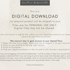 May include: A digital download instruction card with black text on a light beige background. It states this is a digital download for personal use only, explains how to access files via Etsy, and notes the seller is a human, not an AI.