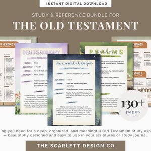 May include: A digital study and reference bundle for the Old Testament. The image shows several colourful pages with text, including chapter headings, and study guides for books like Deuteronomy and Psalms. The bundle includes over 130 pages.