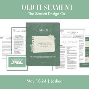 May include: A collection of printed materials with the text "OLD TESTAMENT" and "The Scarlett Design Co." in a light green and white color scheme. The central piece is a reminder note with the text "Believe me, just look straight ahead at your eternal goal."