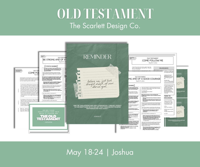 May include: A collection of printed materials with the text "OLD TESTAMENT" and "The Scarlett Design Co." in a light green and white color scheme. The central piece is a reminder note with the text "Believe me, just look straight ahead at your eternal goal."