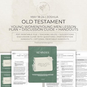 Könnte beinhalten: Eine Sammlung druckbarer Unterrichtspläne und Diskussionsleitfäden für junge Erwachsene mit dem Text "OLD TESTAMENT" und "YOUNG WOMEN/YOUNG MEN LESSON PLAN + DISCUSSION GUIDE + HANDOUTS". Das Design umfasst einen grünen Umschlag mit dem Wort "REMINDER".