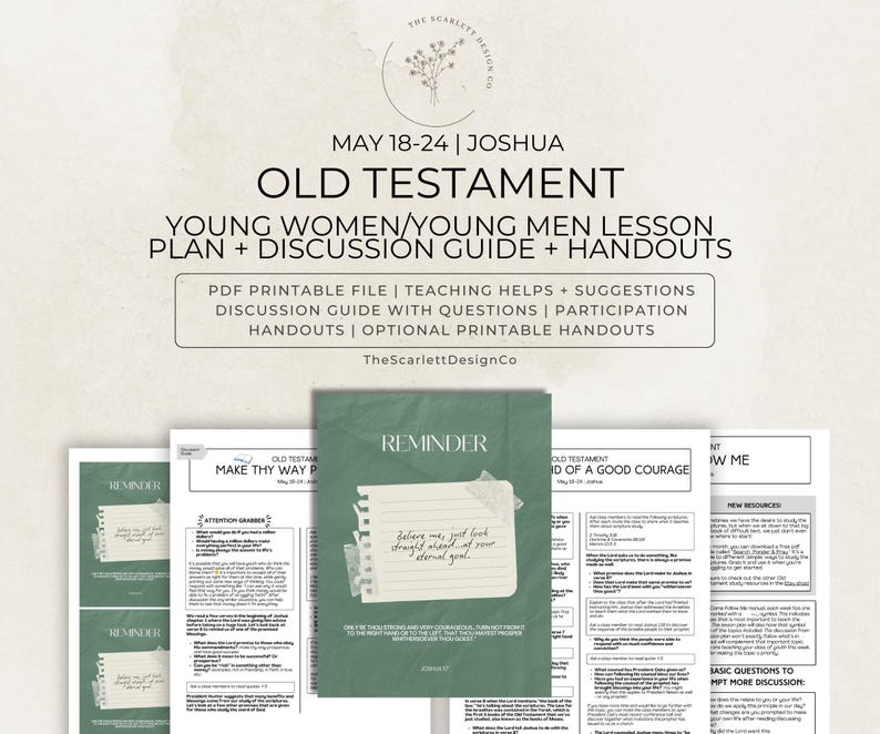 May include: A collection of printable lesson plans and discussion guides for young adults, with the text "OLD TESTAMENT" and "YOUNG WOMEN/YOUNG MEN LESSON PLAN + DISCUSSION GUIDE + HANDOUTS". The design includes a green cover with the word "REMINDER".