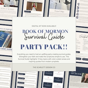 May include: A digital kit titled "Book of Mormon Survival Guide Party Pack!!" is displayed. The kit includes guides and checklists for hosting a party. The design features a blue and white color scheme with text and images.