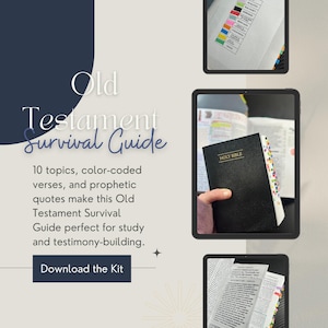 Peut inclure: Publicité pour le "Guide de survie de l'Ancien Testament" avec le texte "10 sujets, versets codés par couleur et citations prophétiques". L'image montre une Bible noire et une tablette avec des notes codées par couleur.
