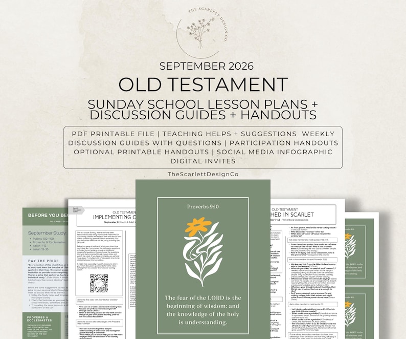 May include: A digital collection of September 2026 Old Testament Sunday school lesson plans, discussion guides, and handouts. The materials feature sage green accents, floral illustrations, and text including Proverbs 9:10 and The Scarlett Design Co.