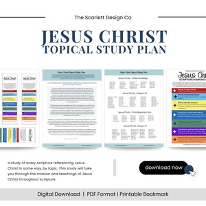 Könnte beinhalten: Ein digitaler thematischer Studienplan zu Jesus Christus mit einem farbcodierten Leitfaden zur Markierung von Schriftstellen, Lesezeichen und Studienseiten. Der Text enthält The Scarlett Design Co, Jesus Christ Topical Study Plan und download now.