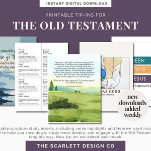 Puede incluir: Tip-ins imprimibles para el Antiguo Testamento, con inserciones de estudio de las Escrituras con versículos destacados y perspectivas de palabras hebreas. El diseño incluye varias tarjetas con texto e ilustraciones.