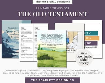 Pode incluir: Tip-ins imprimíveis para o Antigo Testamento, com inserções de estudo das Escrituras com destaques de versículos e insights de palavras hebraicas. O design inclui vários cartões com texto e ilustrações.