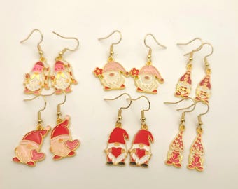 Valentine's Day Gnome Earrings, Six Different Charms, Gnomes, red, pink