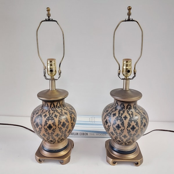 Pair of Vintage ceramic lamps with antique brass bases - rewired