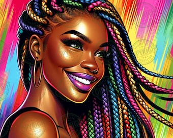Vibrant Woman with Braids Art - Colorful Digital Illustration