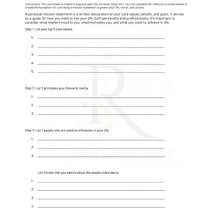 Könnte beinhalten: Ein druckbares Arbeitsblatt mit Anweisungen zum Erstellen einer persönlichen Missionserklärung. Das Arbeitsblatt enthält Aufforderungen, Kernwerte, Prinzipien, positive Einflüsse und bewundernswerte Eigenschaften aufzulisten.