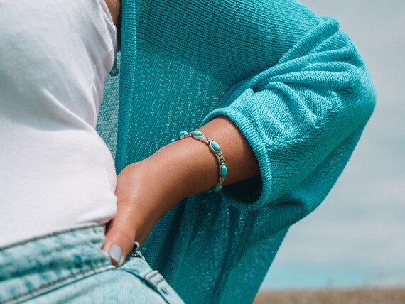 Turquoise Gemstone Magnetic Bracelet - Stainless Steel Link Chain 