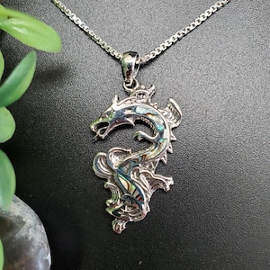FFD #110 | Lovely Abalone Shell Dragon Necklace Pendant | Sterling Silver Flying Dragon Pendant | Abalone Inlay Dragon Pendant Necklace