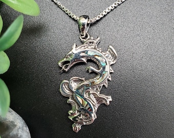 FFD #110 | Lovely Abalone Shell Dragon Necklace Pendant | Sterling Silver Flying Dragon Pendant | Abalone Inlay Dragon Pendant Necklace