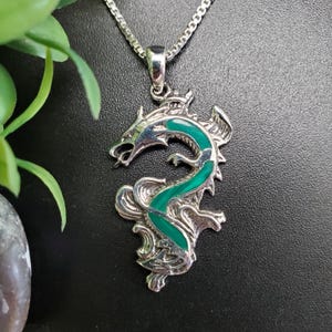 FFD #109 | Lovely Abalone Shell Dragon Necklace Pendant | Sterling Silver Flying Dragon Pendant | Abalone Inlay Dragon Pendant Necklace