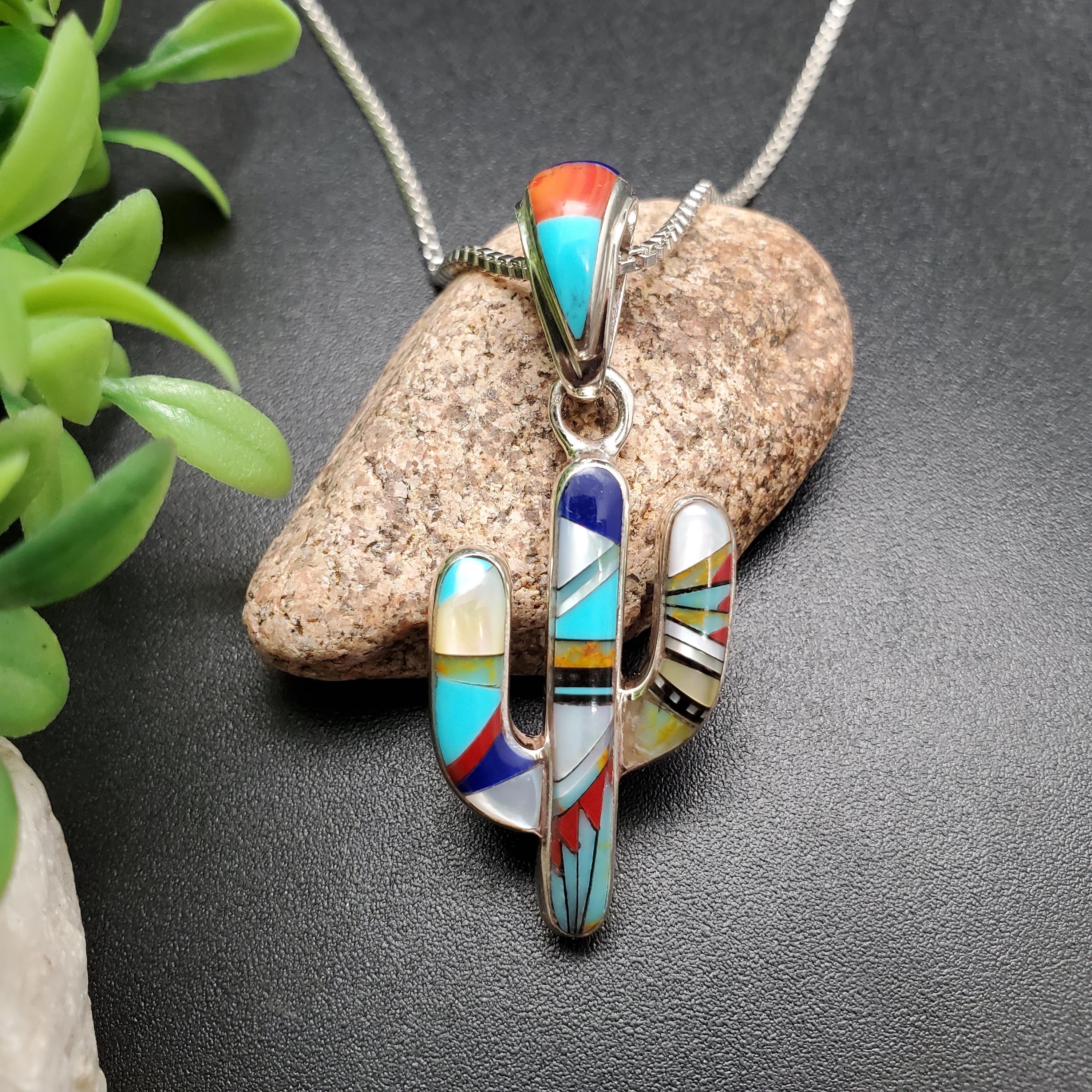 QQ-212 | Big Multicolor Inlay Cactus Necklace Pendant Option