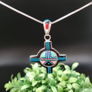 QQ-523 | Multicolor Inlay Zia Necklace Pendant Option With Silver Chain | Sterling Silver Zia Pendant Necklace | Big ABQ NM Zia Necklace