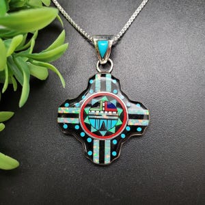 QQ-526 | Multicolor Inlay Zia Necklace Pendant Option With Silver Chain | Sterling Silver Zia Pendant Necklace | Big ABQ NM Zia Necklace