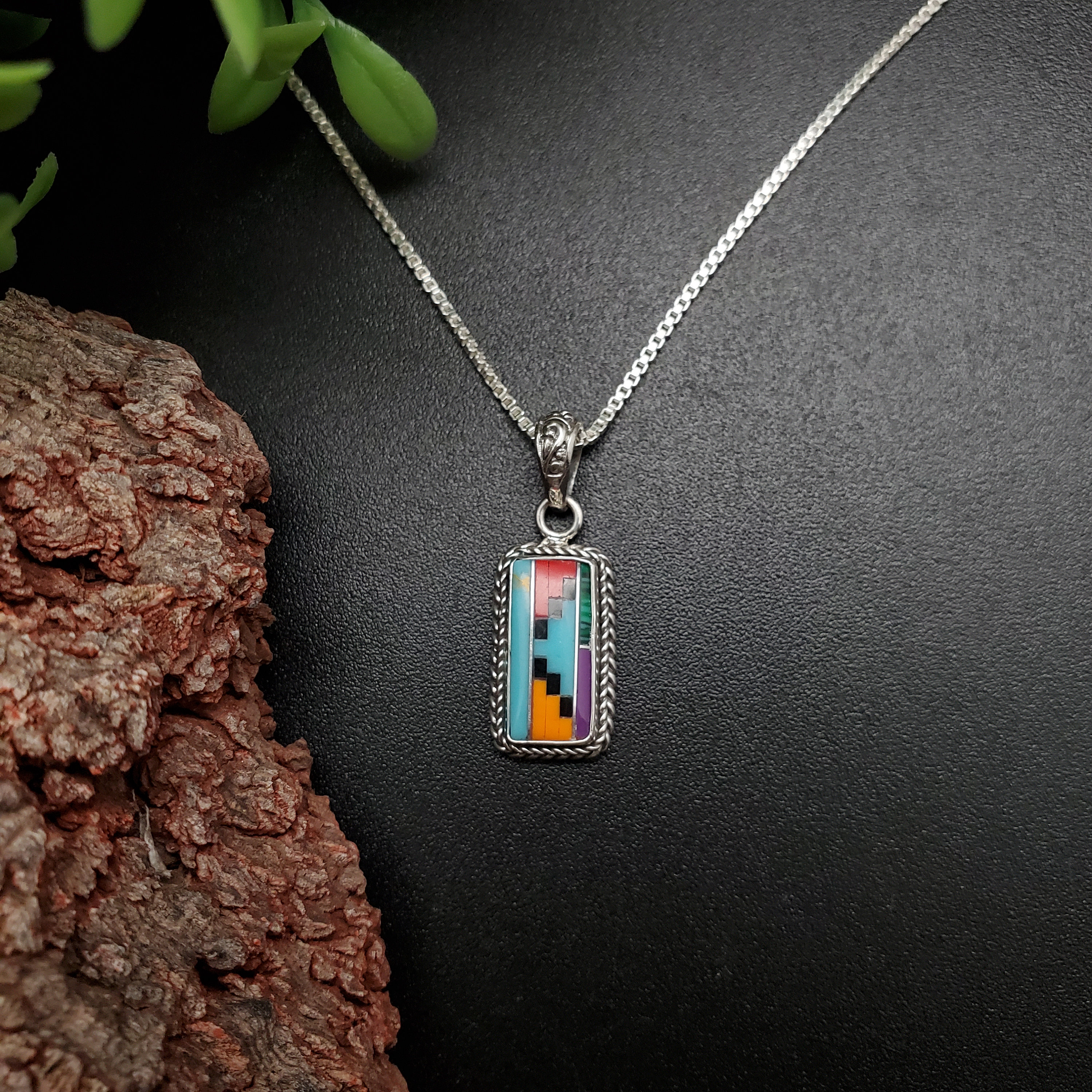 ATS#PD025 | Dainty Inlay Multicolor Necklace Pendant Option of Silver Chain Necklace | Sterling Silver Rectangle Inlay Necklace Pendant