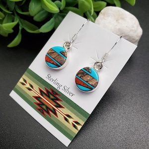 QQ-395 | Dainty Multicolor Inlay Circle Earrings | Sterling Silver Southwestern Inlay Earrings | Inlay Multicolor Drop Earrings Gift For Her