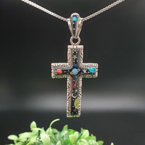 QQ-215 / Opción de colgante de collar con cruz galáctica con incrustaciones únicas y cadena de plata / Collar con colgante de cruz galáctica multicolor en plata esterlina