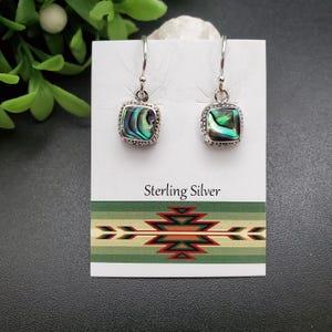 QQ-714 | Dainty Square Abalone Shell Inlay Earrings | Sterling Silver Abalone Shell Inlay Earrings | Paua Shell Earrings | Silver Earrings