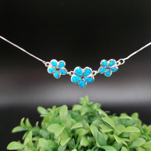 QQ-192 | Blue Opal Inlay Flowers Necklace Pendant 16 1/2 inches | Sterling Silver Fire Opal Flower Pendant | Blue Opal Necklace Gift For Her