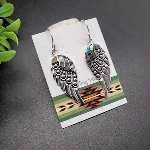 FFD #028 | Abalone Shell Inlay angle Wing Dangle Earrings | Sterling Silver Wing Earrings | Silver Abalone Shell Inlay Feather Earrings